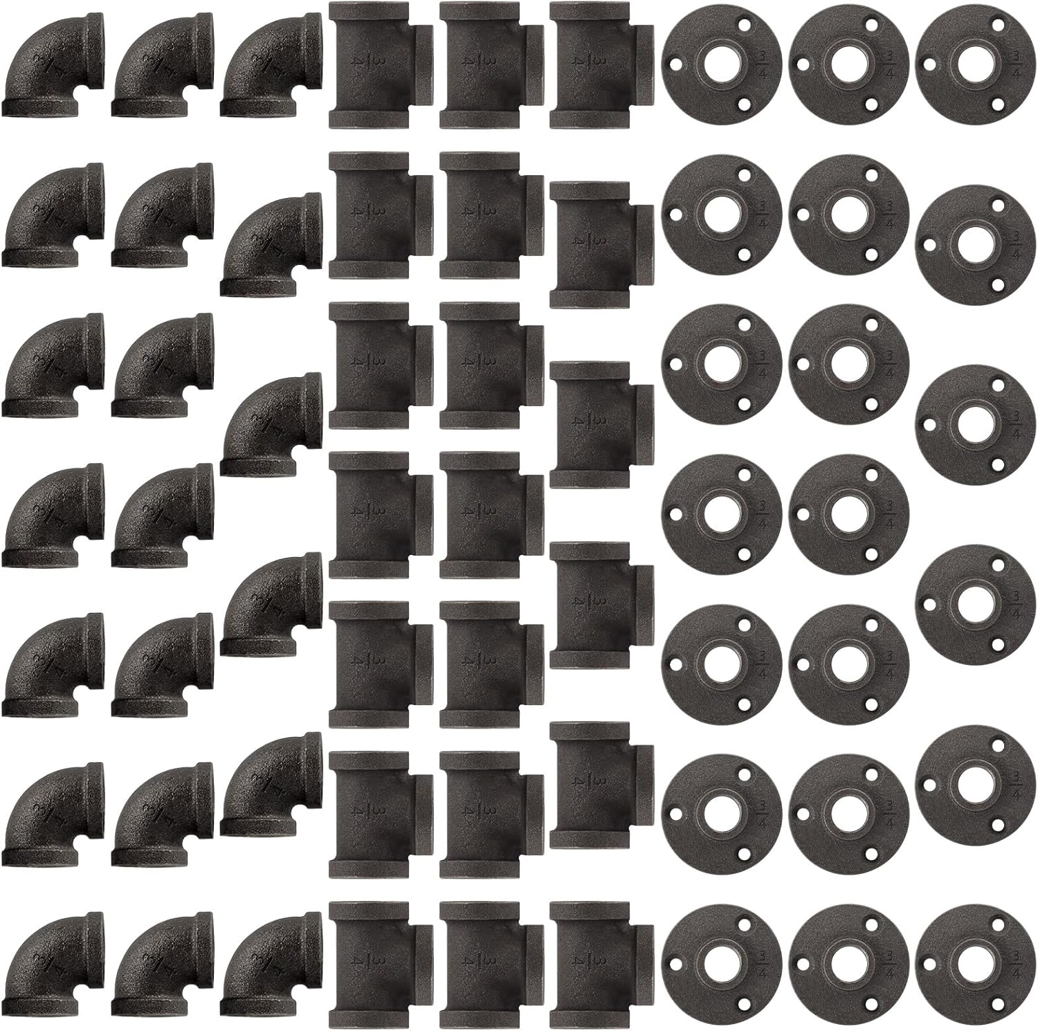 60 Pack 3/4 Inch Cast Iron Pipe Fittings for DIY Projects