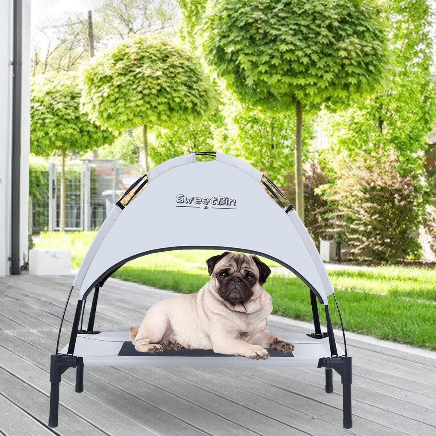 Outdoor Elevated Dog Cot with Canopy & Shade for Small Dogs