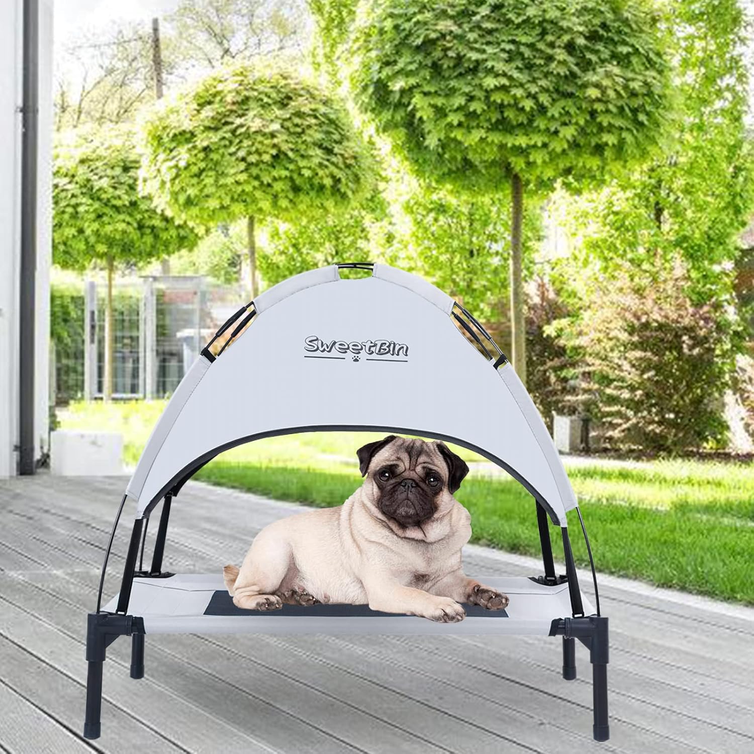 Outdoor Elevated Dog Cot with Canopy & Shade for Small Dogs