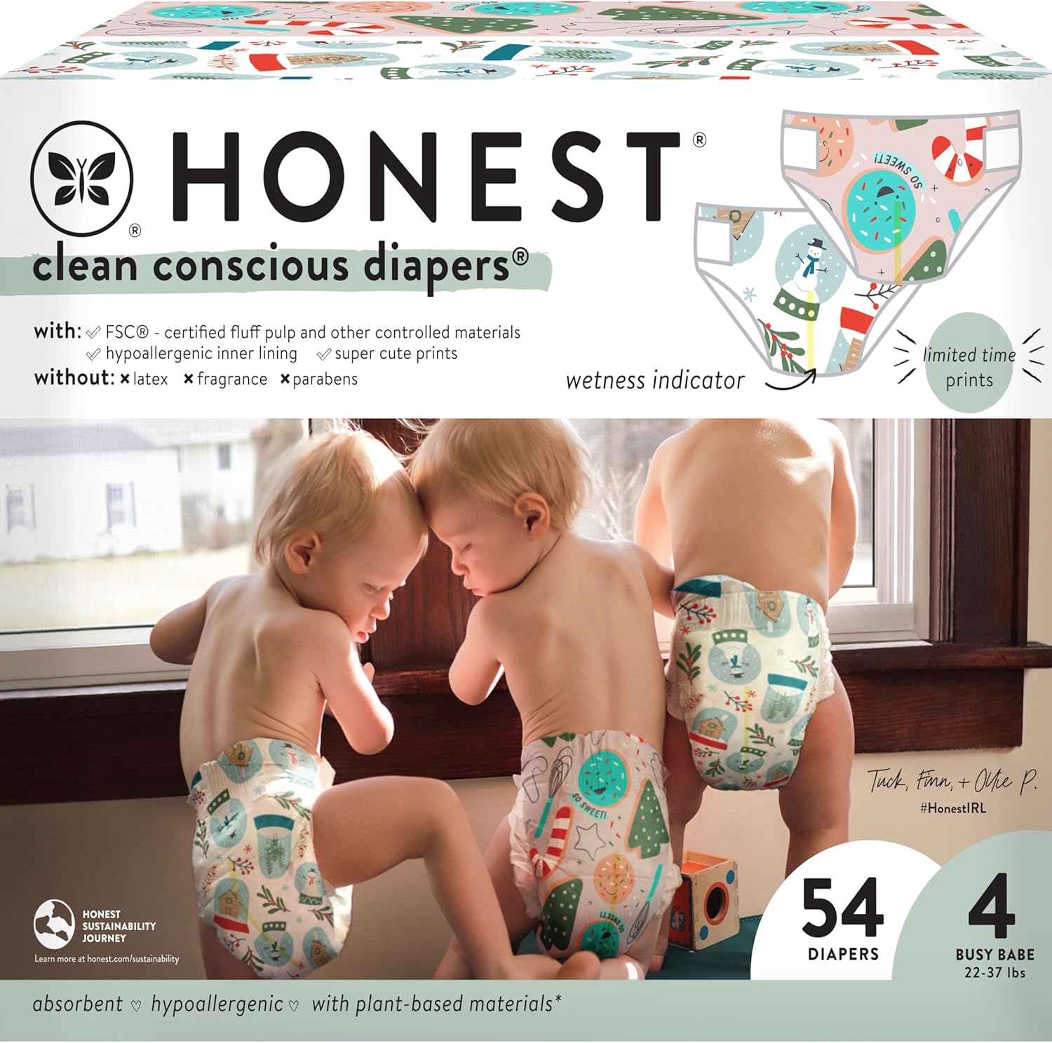 Honest Plant-Based Winter Diapers | Limited Edition Prints | Size 4, 54 Count