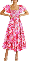 Women's Casual Midi Dress with Puffy Short Sleeves - Smocked Square
