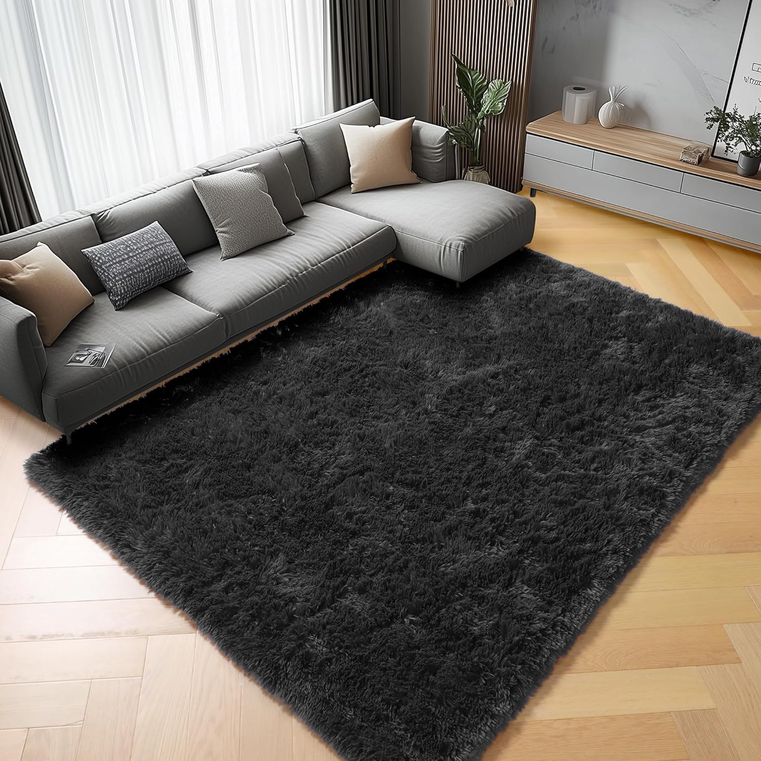 ONASAR Black Area Rugs for Living Room Bedroom, 5x8 Fluffy Shaggy