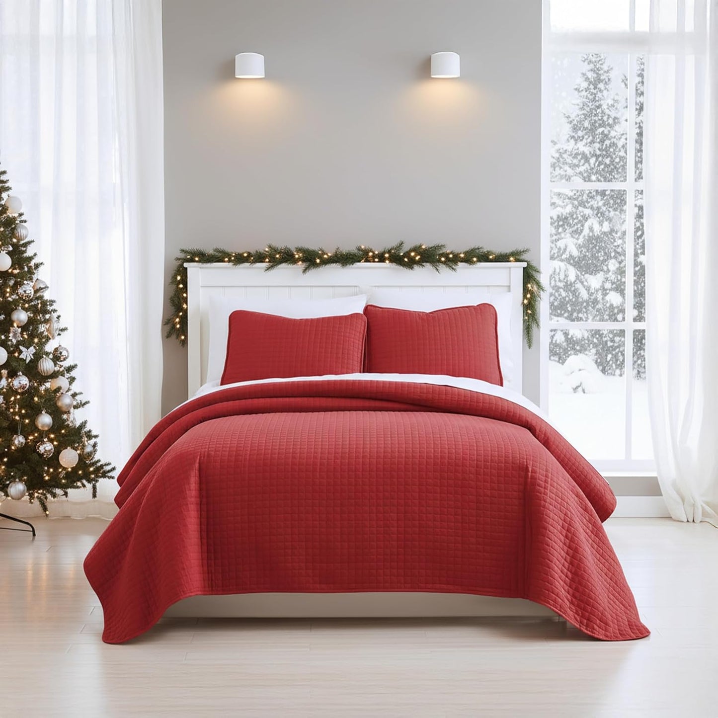 Microfiber Full/Queen Quilt Set with 2 Pillow Shams, Red