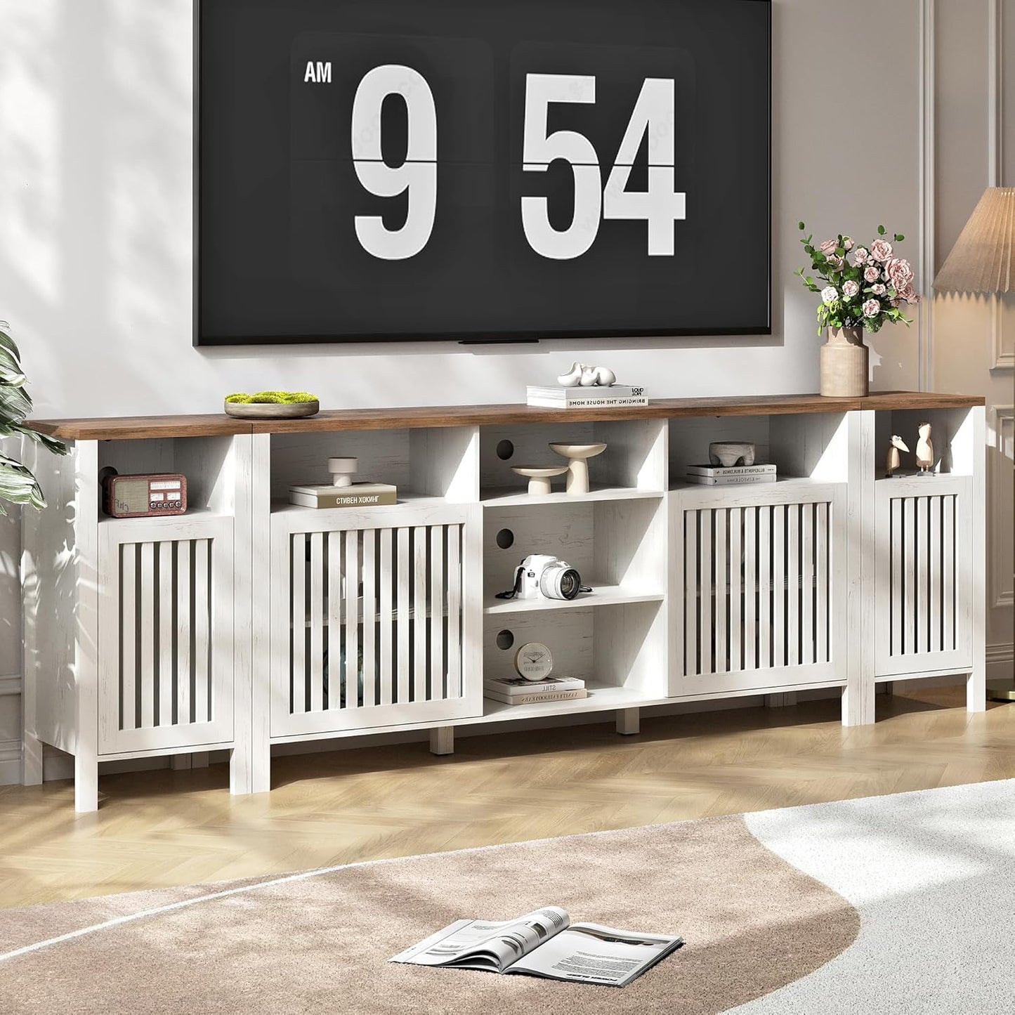 Rustic White TV Stand: 7 Open Compartments, Adjustable Shelves