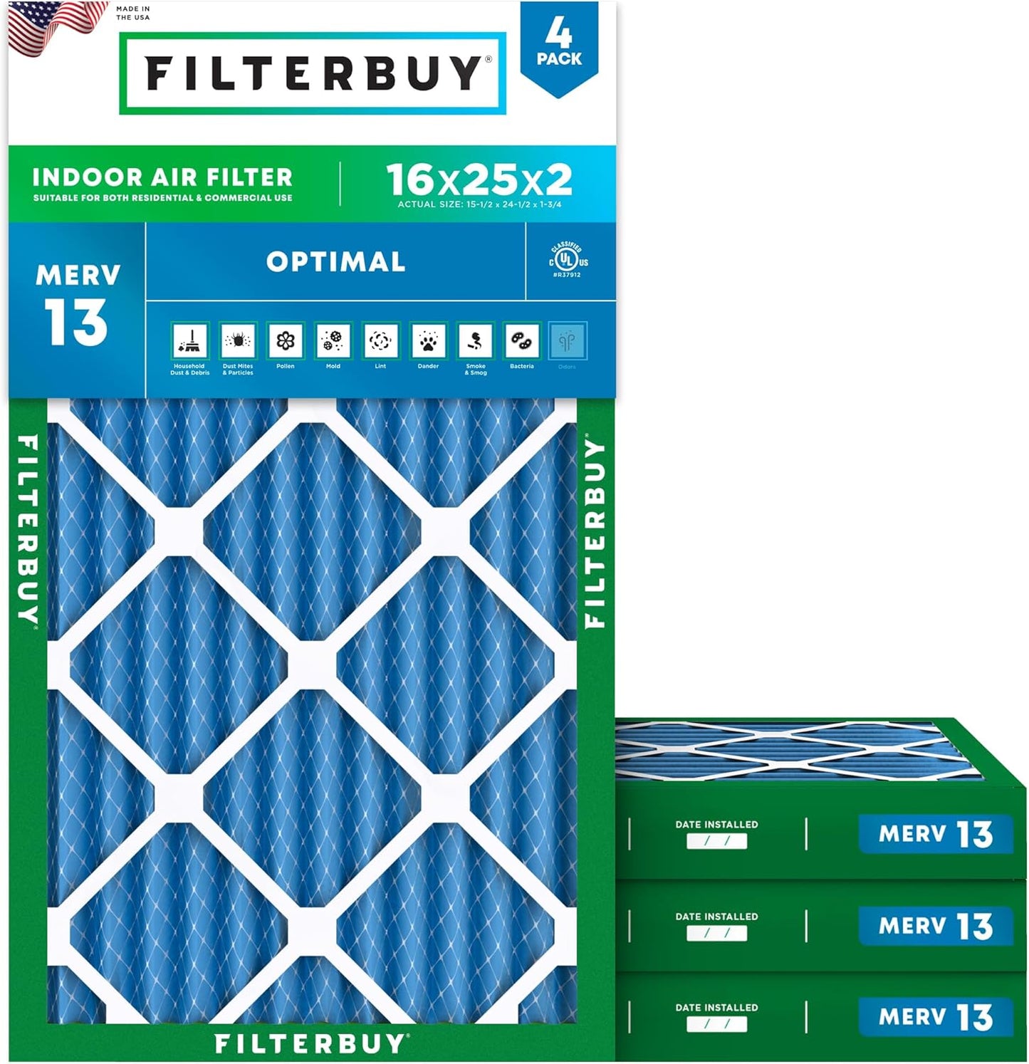 Filterbuy 16x25x2 Air Filter MERV 13 for Smoke & Allergy Defense