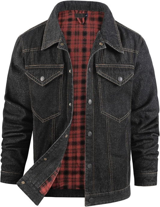 Flygo Mens Flannel Lined Denim Jacket for Classic Western Style