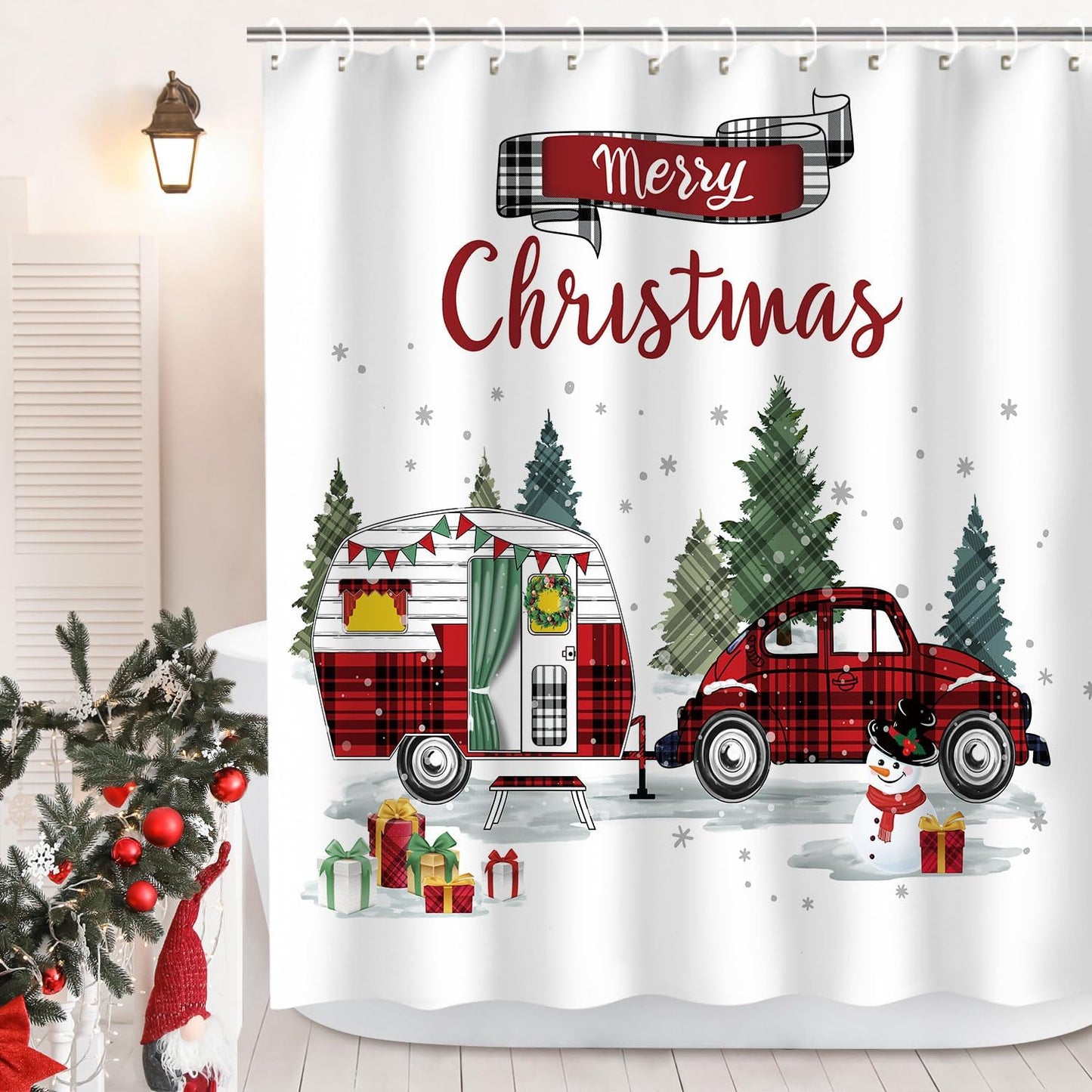 Red Truck Christmas Shower Curtain Set
