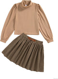 Girls Plaid Skirt Set with Puff Sleeve Mock Neck Top - Fall Winter