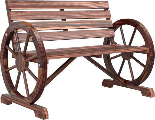 Outsunny 41in Wooden Wagon Wheel Bench for Rustic Outdoor Charm
