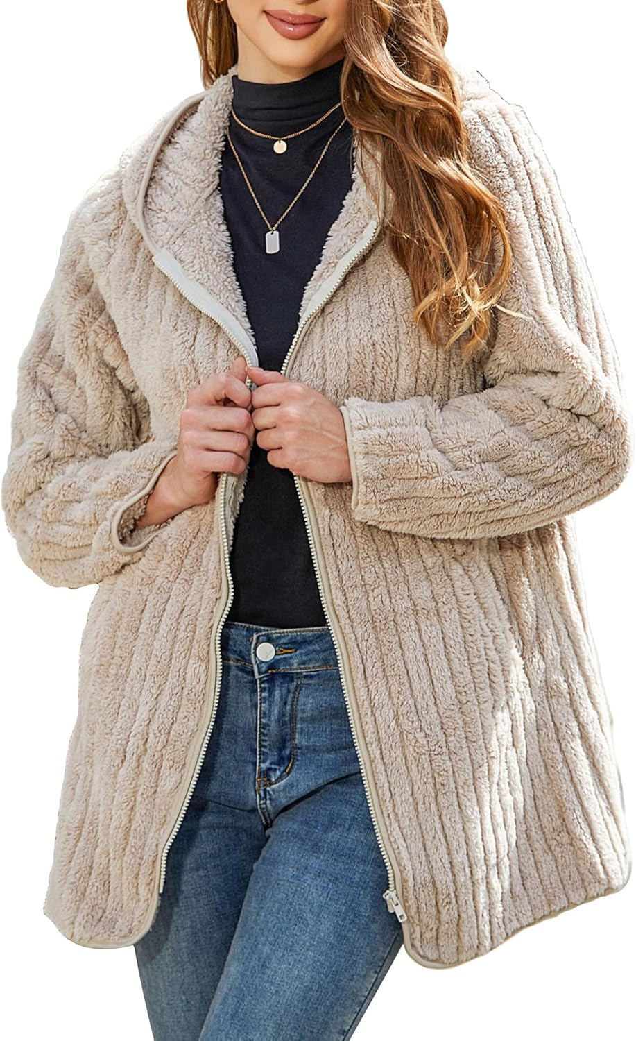 Womens Fleece Jacket Hooded Winter Warm Full Zip Sherpa Coat