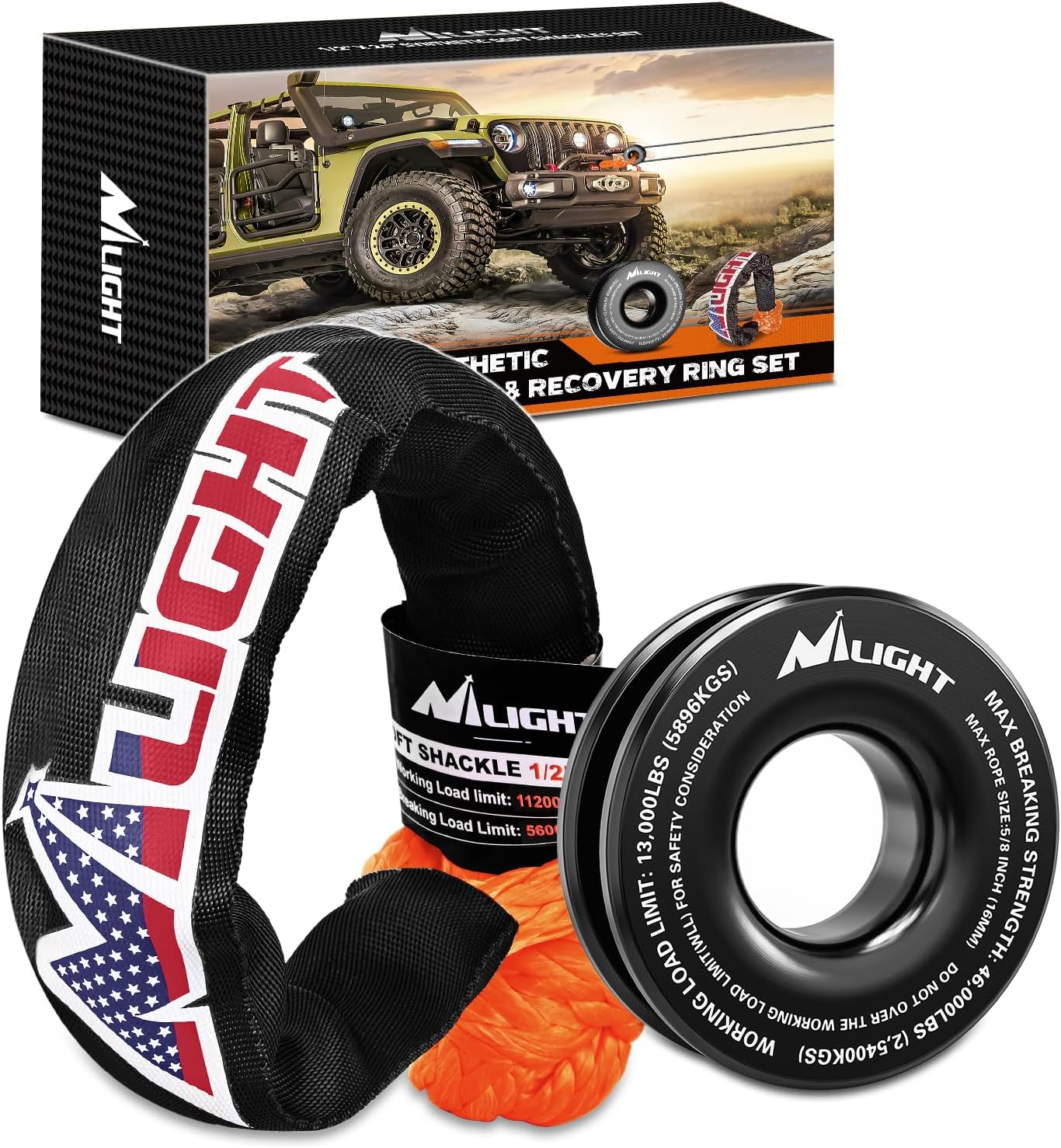 Nilight Synthetic Soft Shackle & Recovery Ring Kit for Off-Road