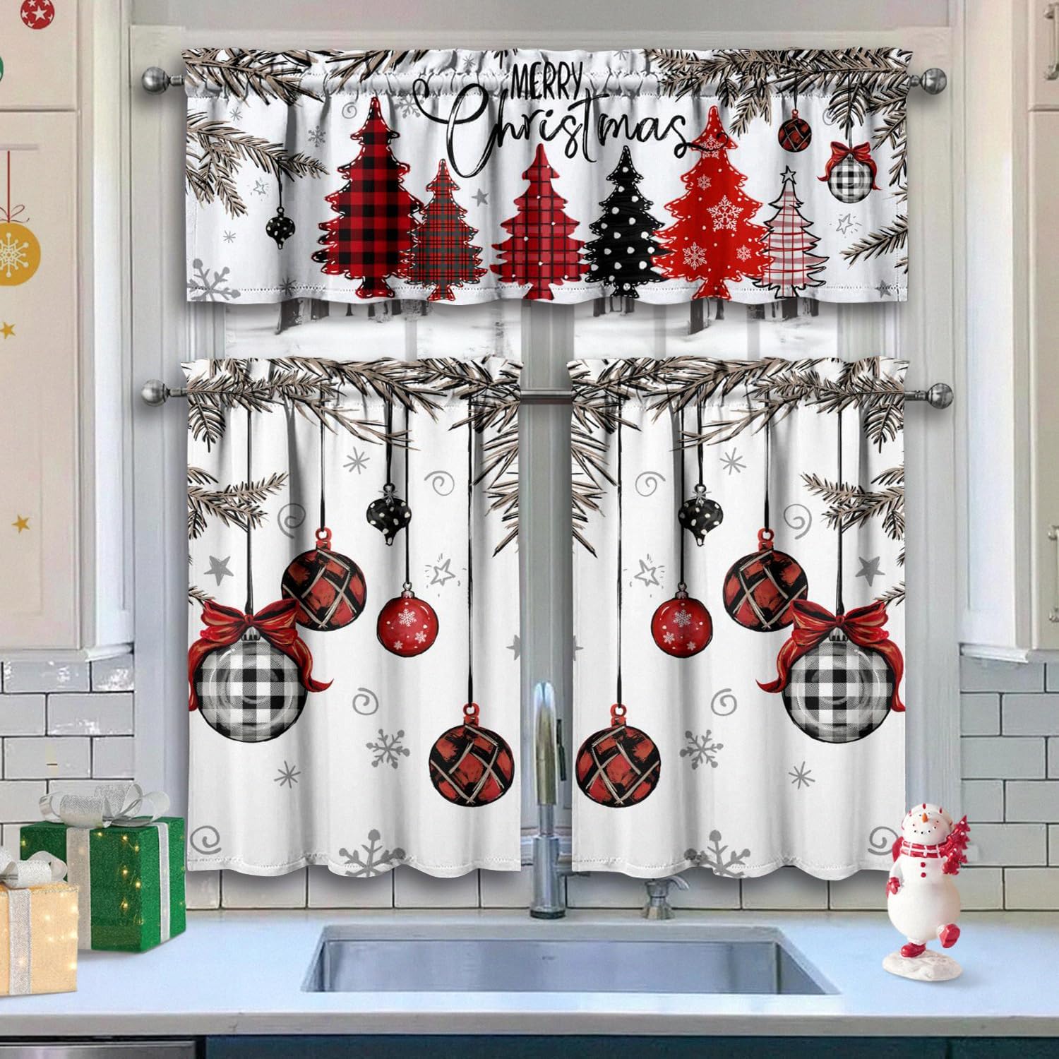 Festive Xmas Tree Kitchen Curtains - Farmhouse Holiday Decor