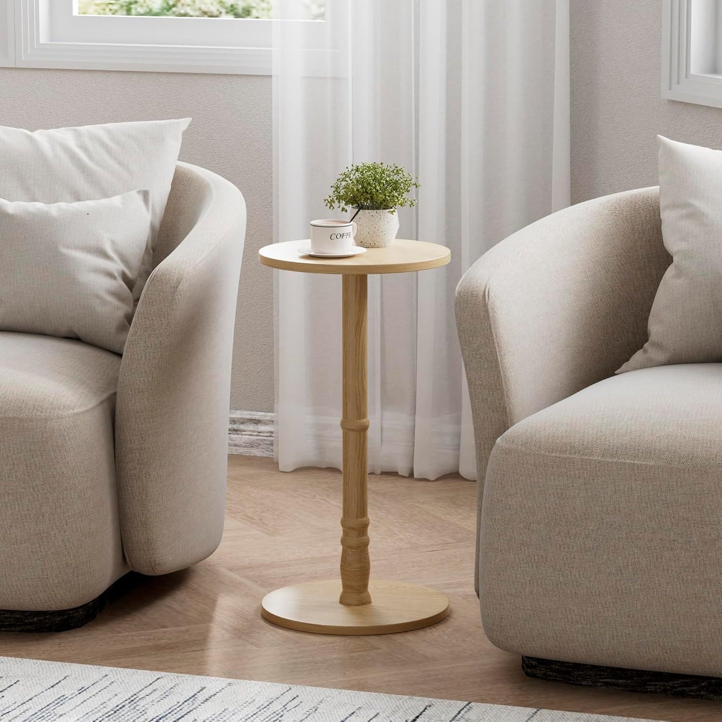 Round Side Table with Solid Wood Pillar for Living Room Use