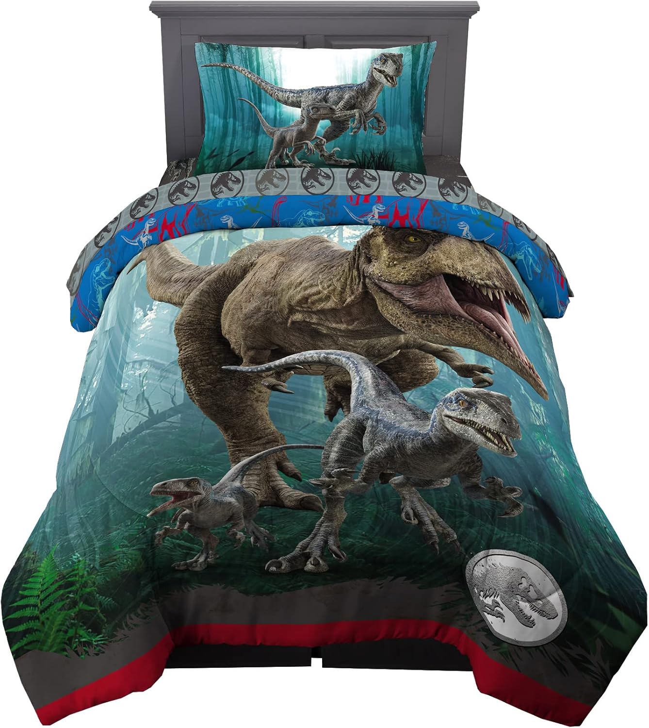 Jurassic World Dominion Blue Velociraptor and T-Rex Comforter