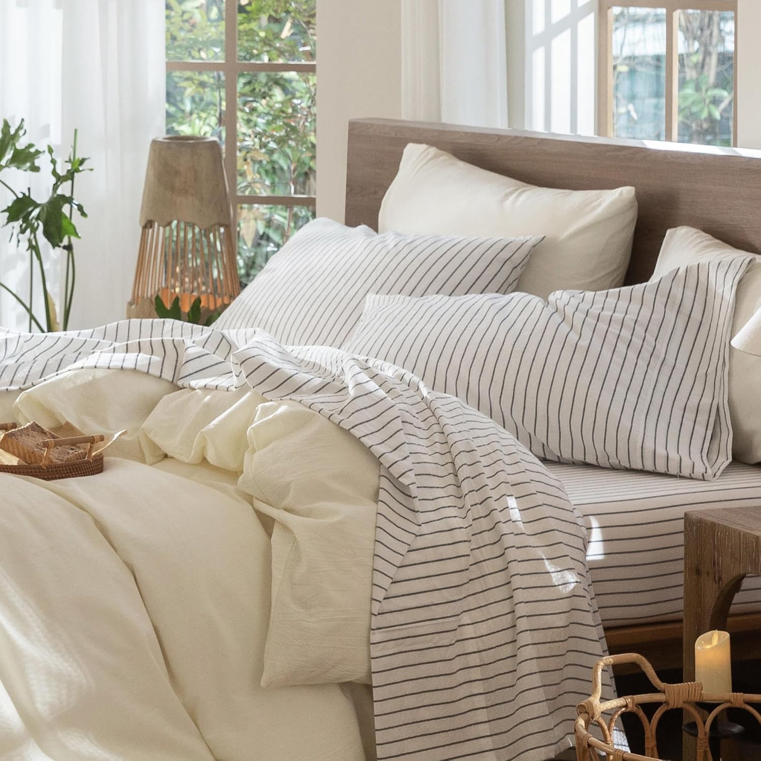 MooMee Striped Sheet Set King Size 100% Washed Cotton Comfort
