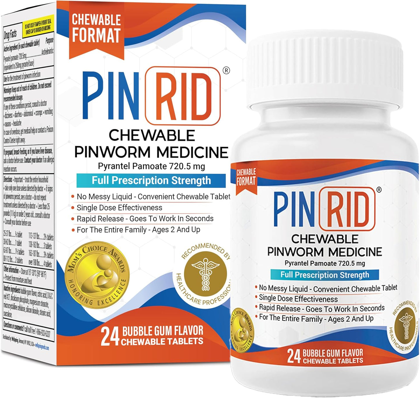 Pinworm Medicine for Family 2+ - Bubble Gum Chewable Tablets