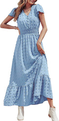 Womens Boho Swiss Dot Maxi Dress - Flowy Ruffle Tiered Fit