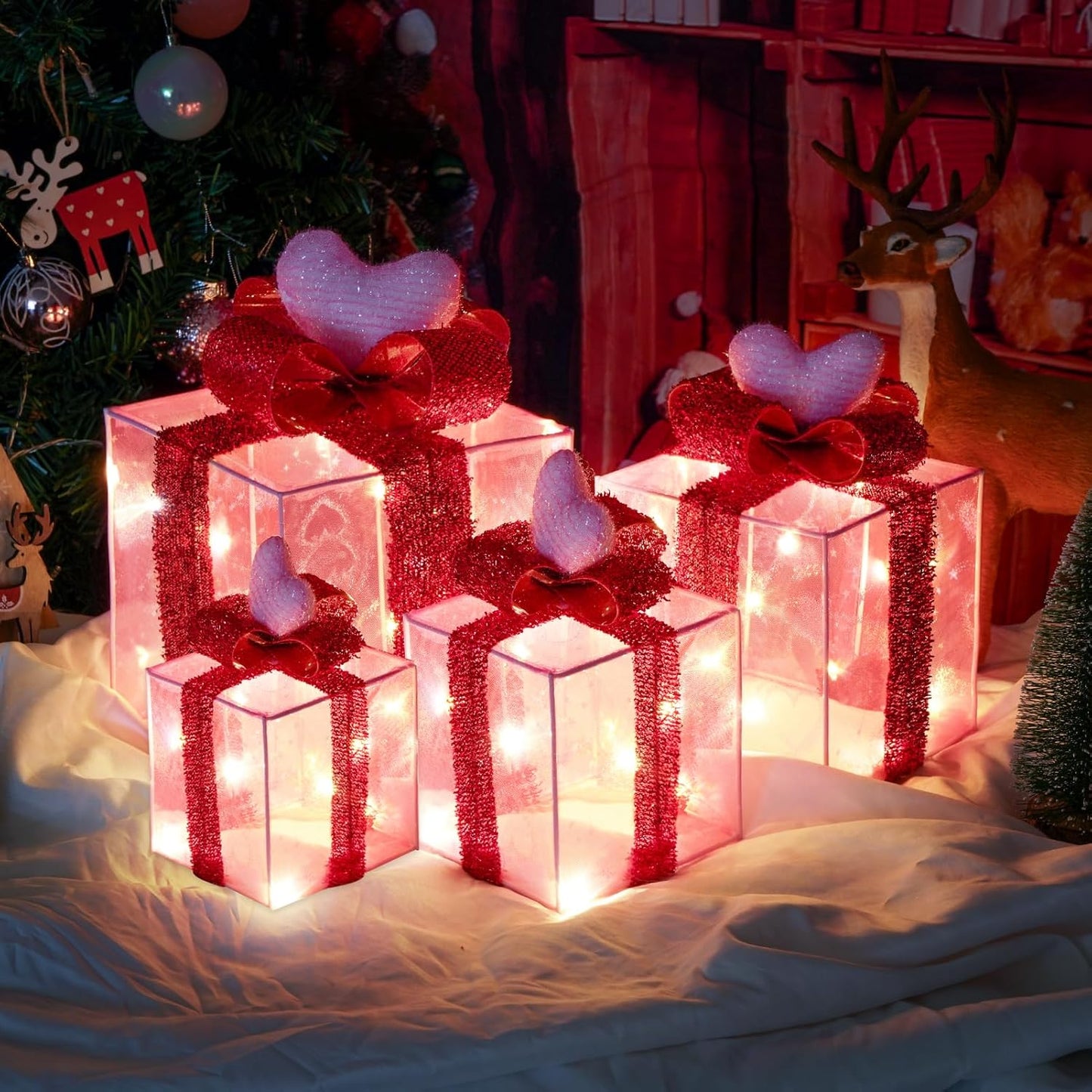 Set of 4 Pink Heart Lighted Gift Boxes for Romantic Decor