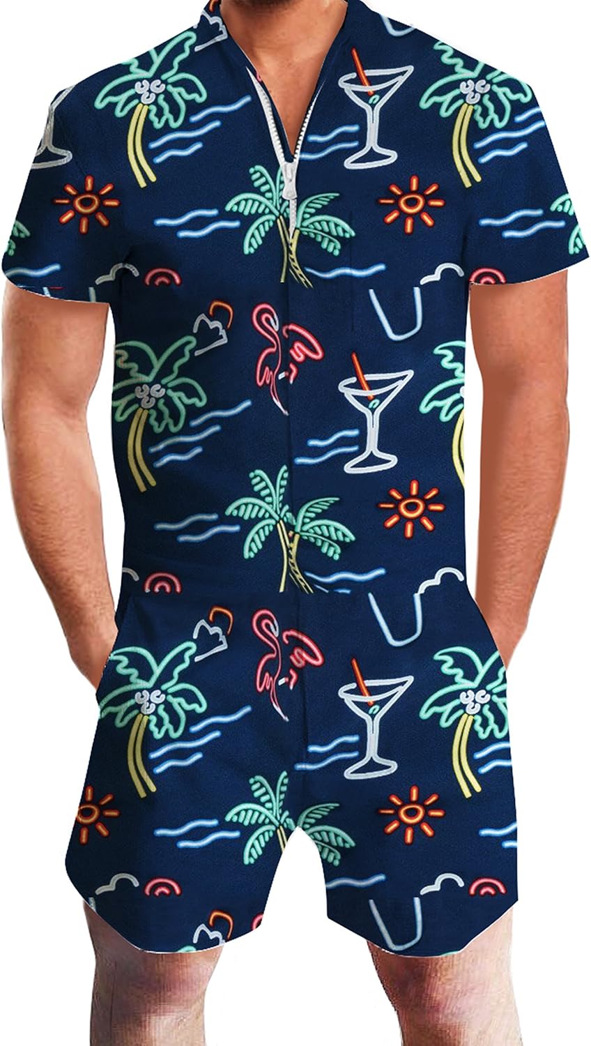 AIDEAONE Mens Casual 3D Printed Short Sleeve Rompers Jumpsuit