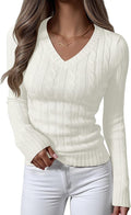 Womens Long Sleeve Cable Knit Sweater V Neck Slim Fit - Fall Layering