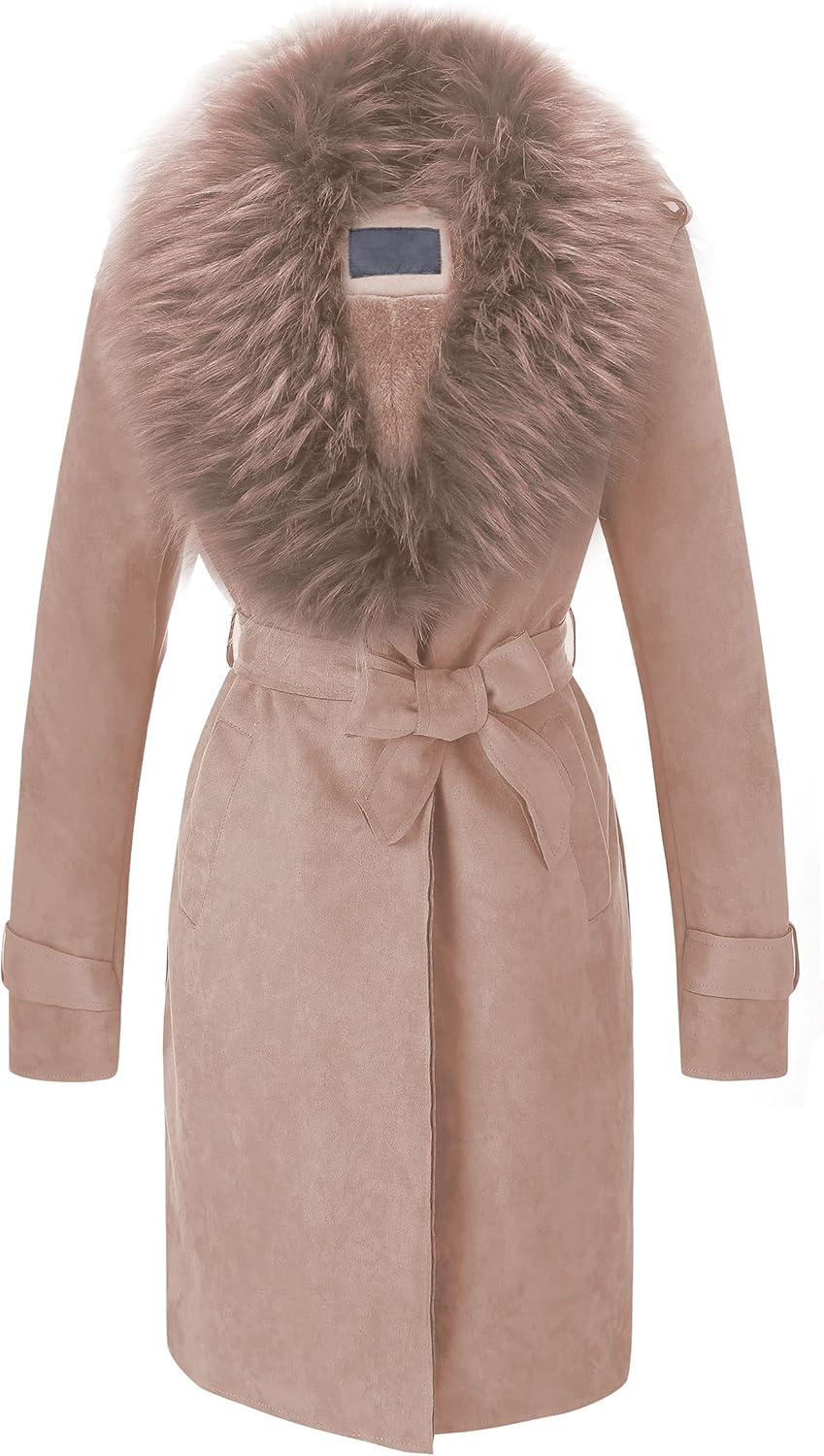 Faux Leather Trench Coat with Fleece Lining and Fur Collar