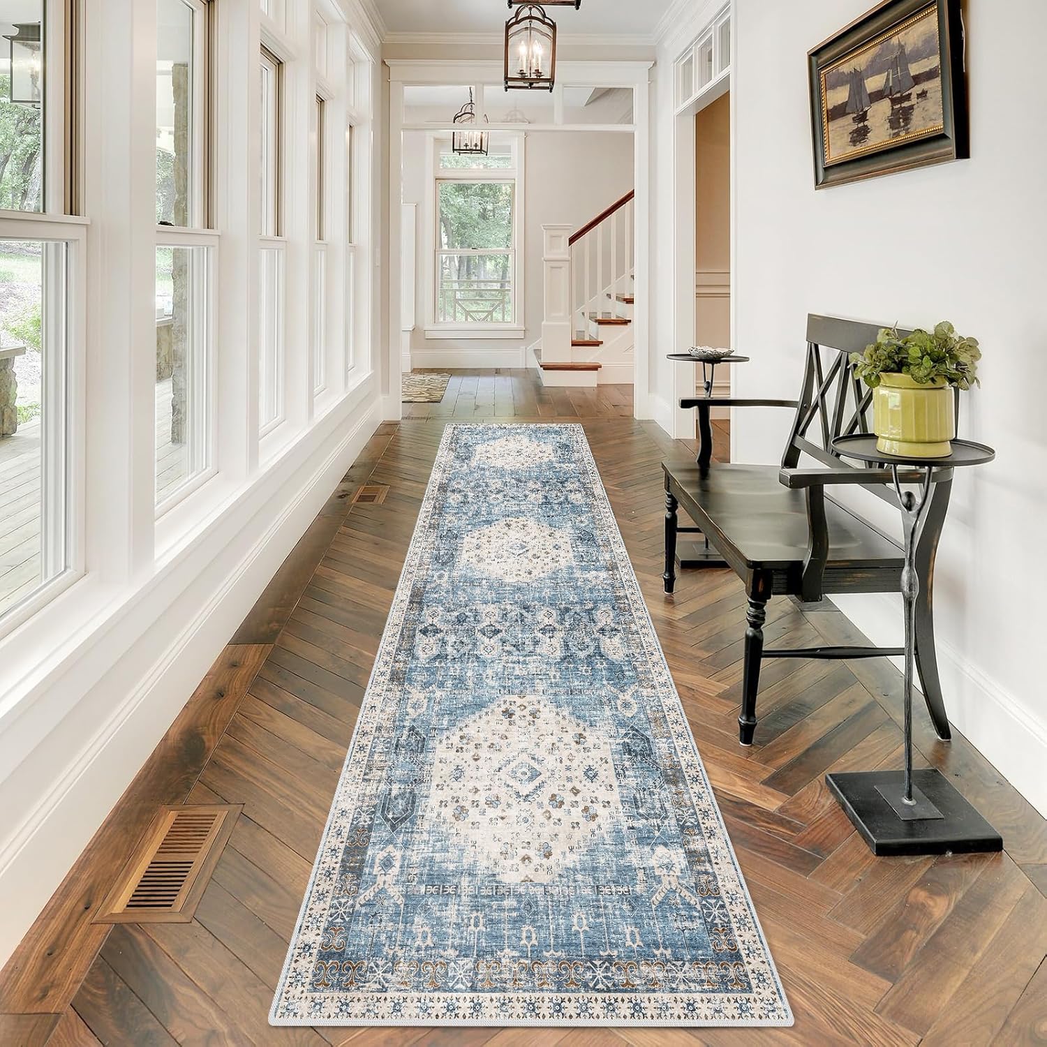 Hallway Washable Runner Rug 2ft6x10 - Non Slip Vintage Mat