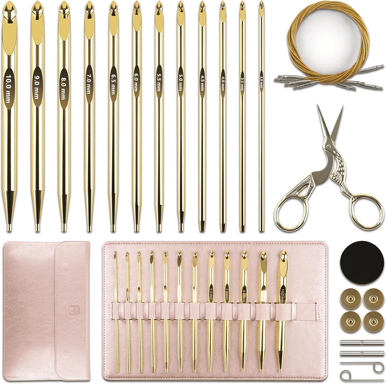 27Pc Gold Plated Tunisian Crochet Hooks Set for Craft Lovers