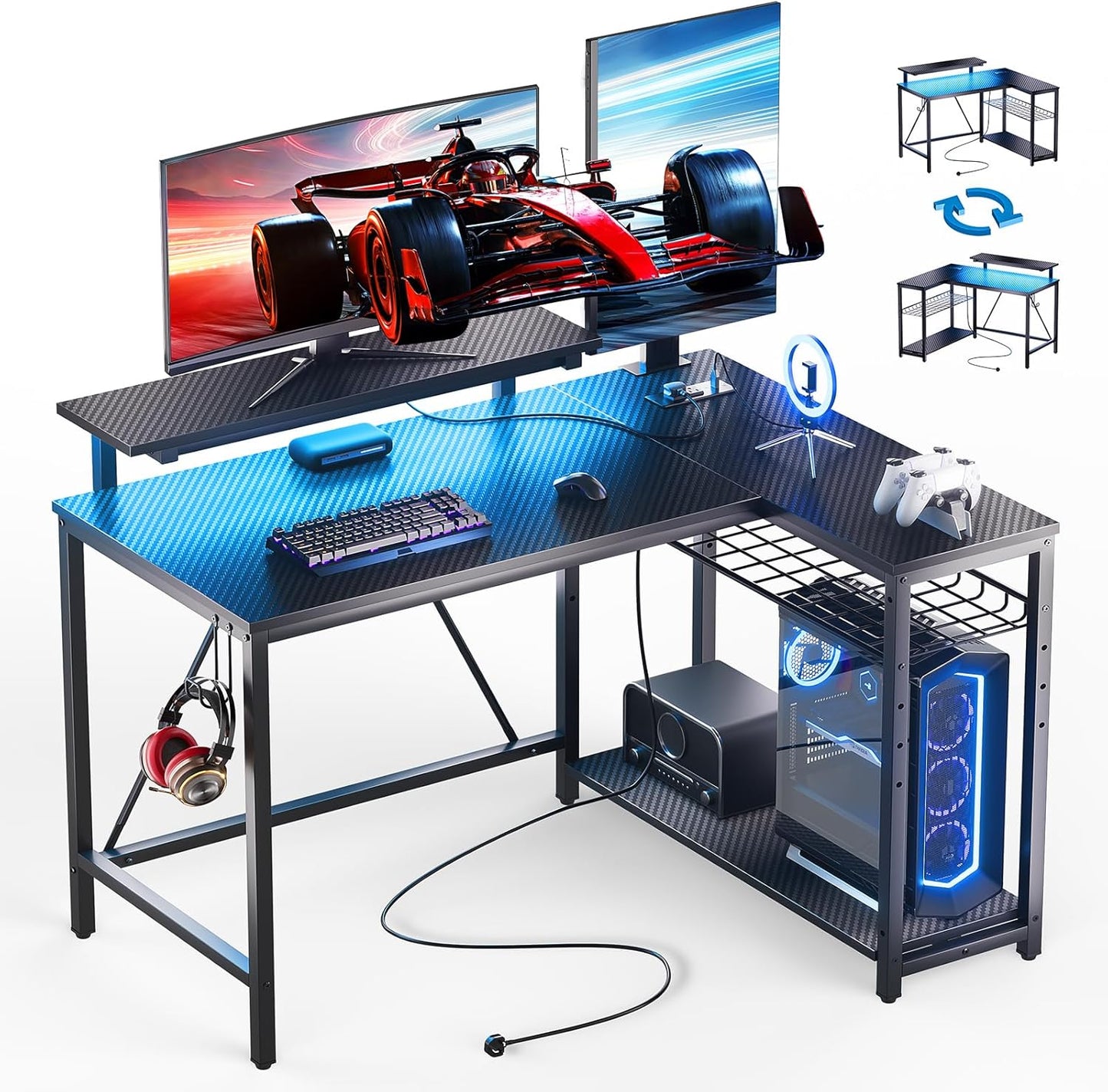 Ultimate Gaming Desk with Power Outlets & LED Lights