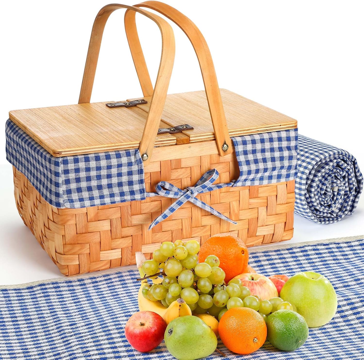 Natural Woodchip Picnic Basket with Waterproof Mat for Outdoors