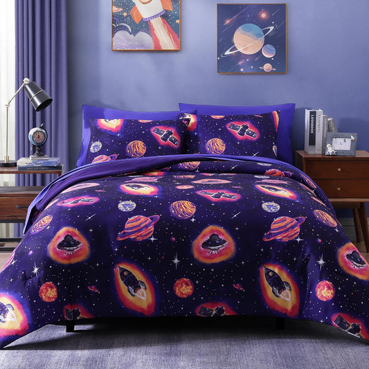 Full Size Comforter Set for Boys - 7 Pieces Space Rocket Bedding