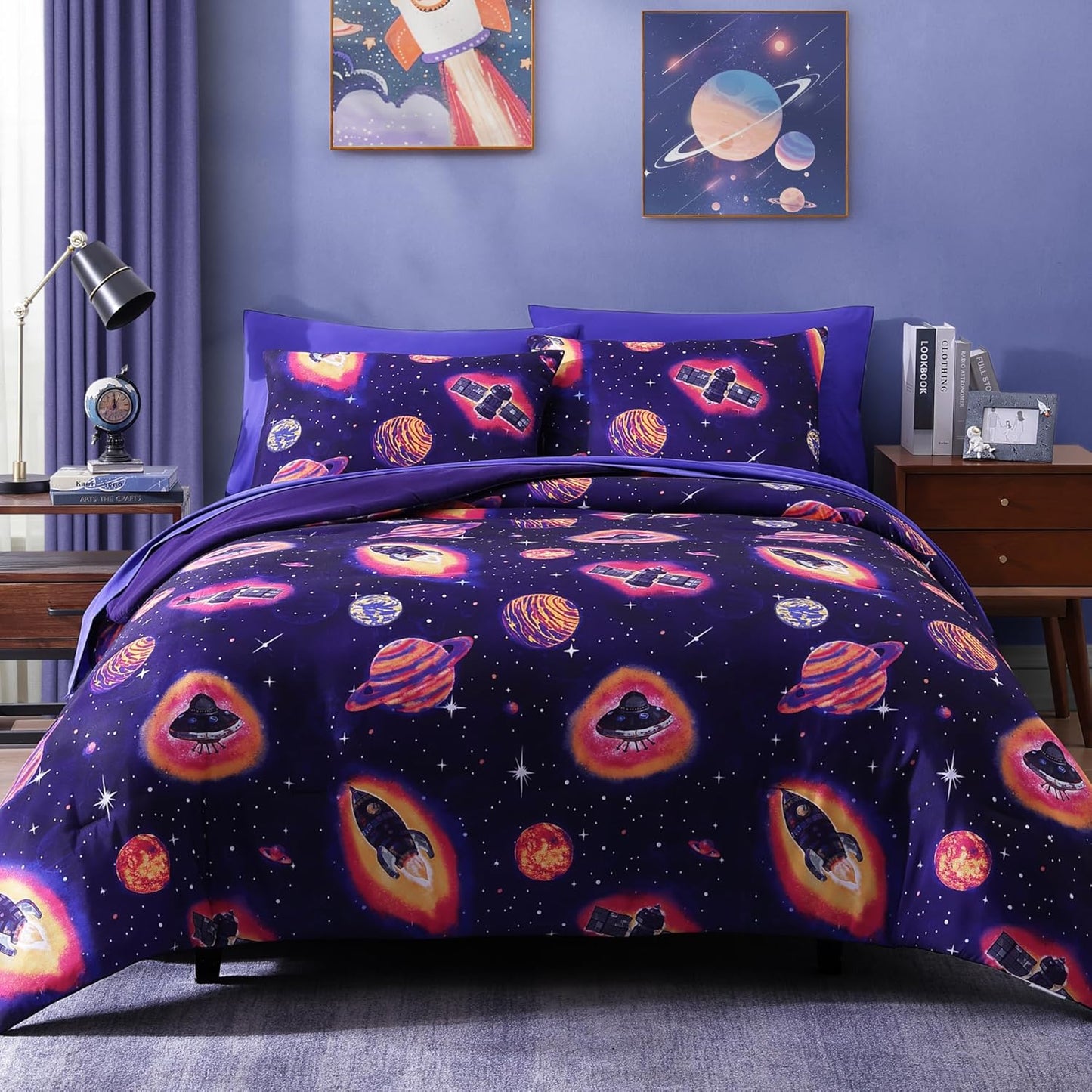 Twin Comforter Set for Boys - Space Rocket Bedding Set for Kids
