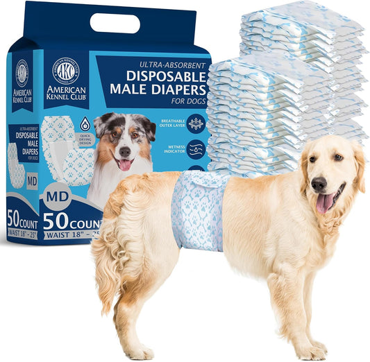 AKC Male Dog Wrap, Disposable Diapers, Wetness Indicator, 50 Count