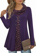 Womens Long Sleeve Cowl Neck Splicing Tunic Top - Warm Fall Layer