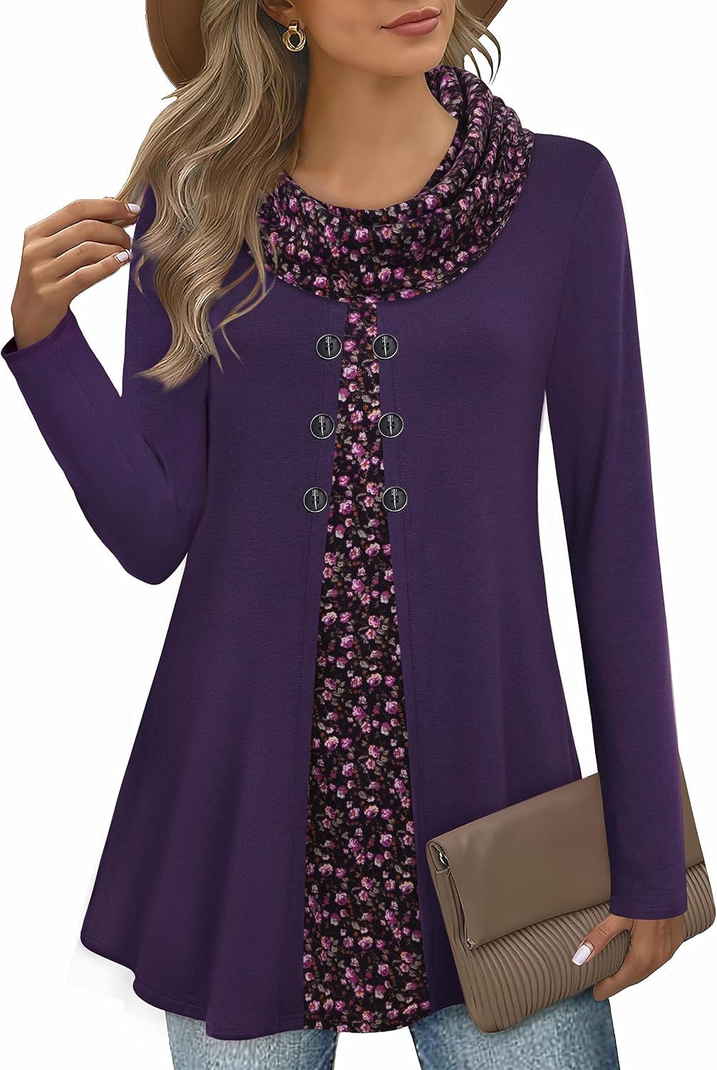 Bebonnie Womens Long Sleeve Cowl Neck Splicing Tunic Tops