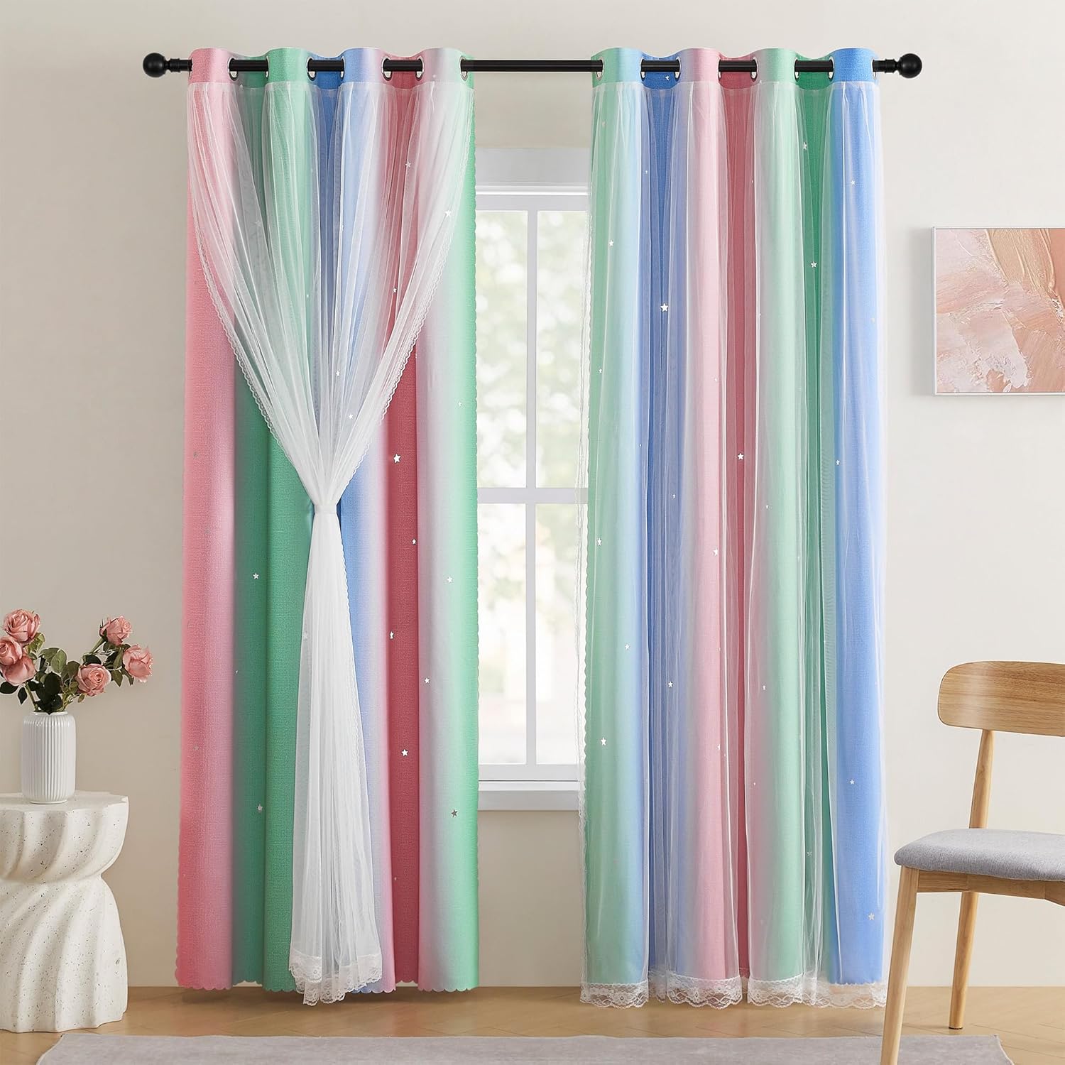 XiDi Pink Green Blue Curtains for Girls Bedroom Decor