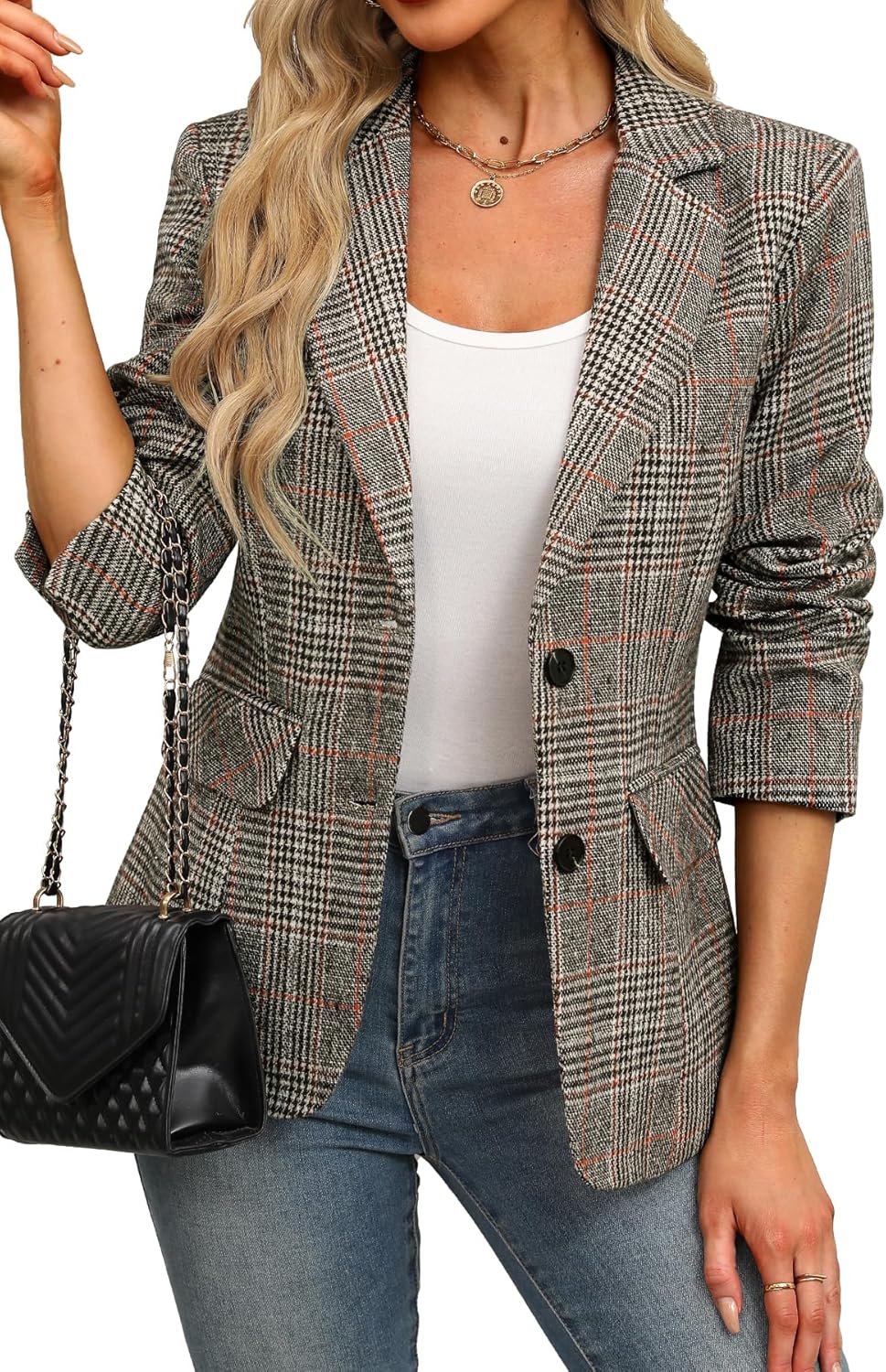 ELLEVEN Women's Lapel Collar Plaid Blazer for Stylish Workwear