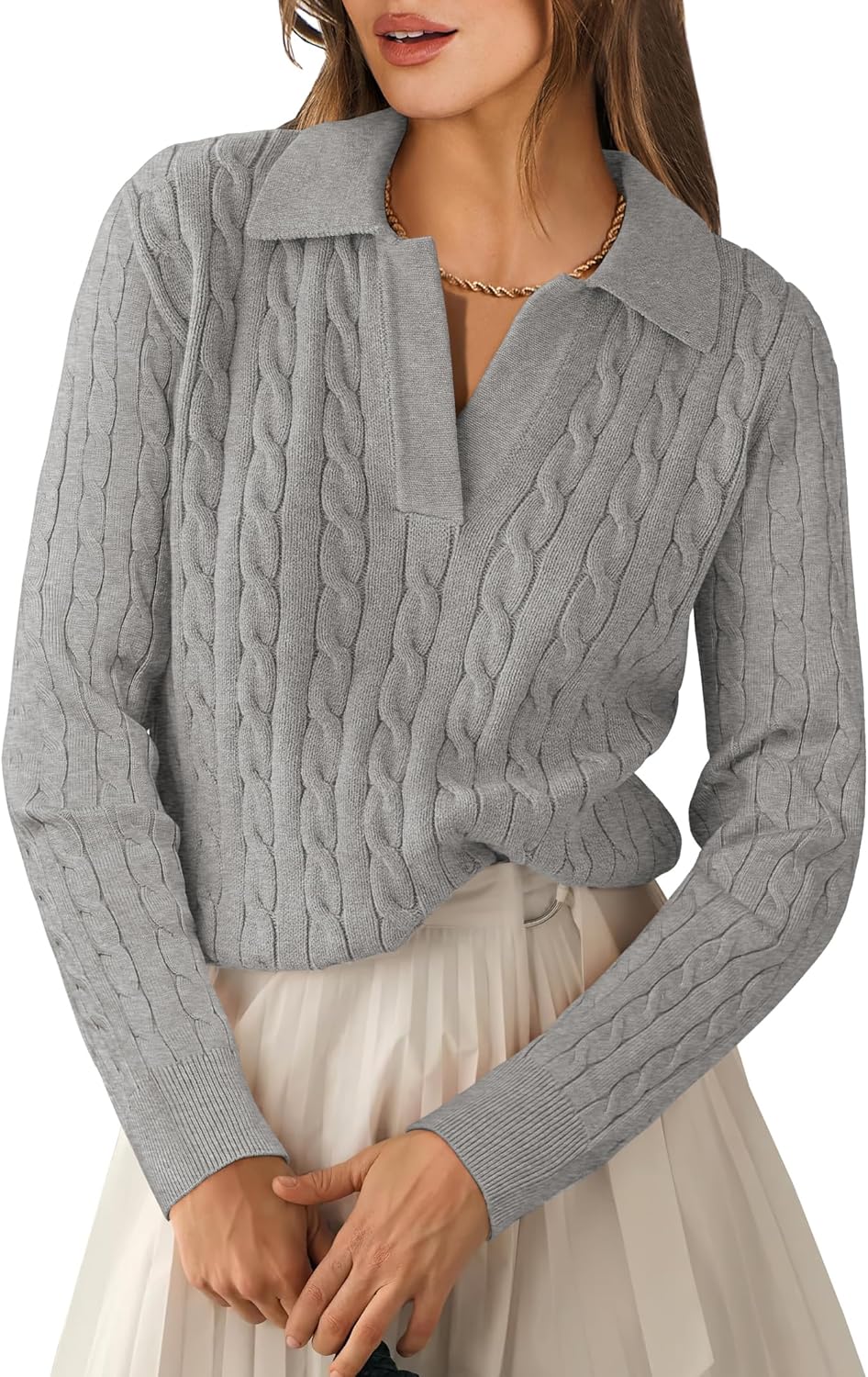 Womens Cable Knit Sweaters Long Sleeve V Neck Casual Tops