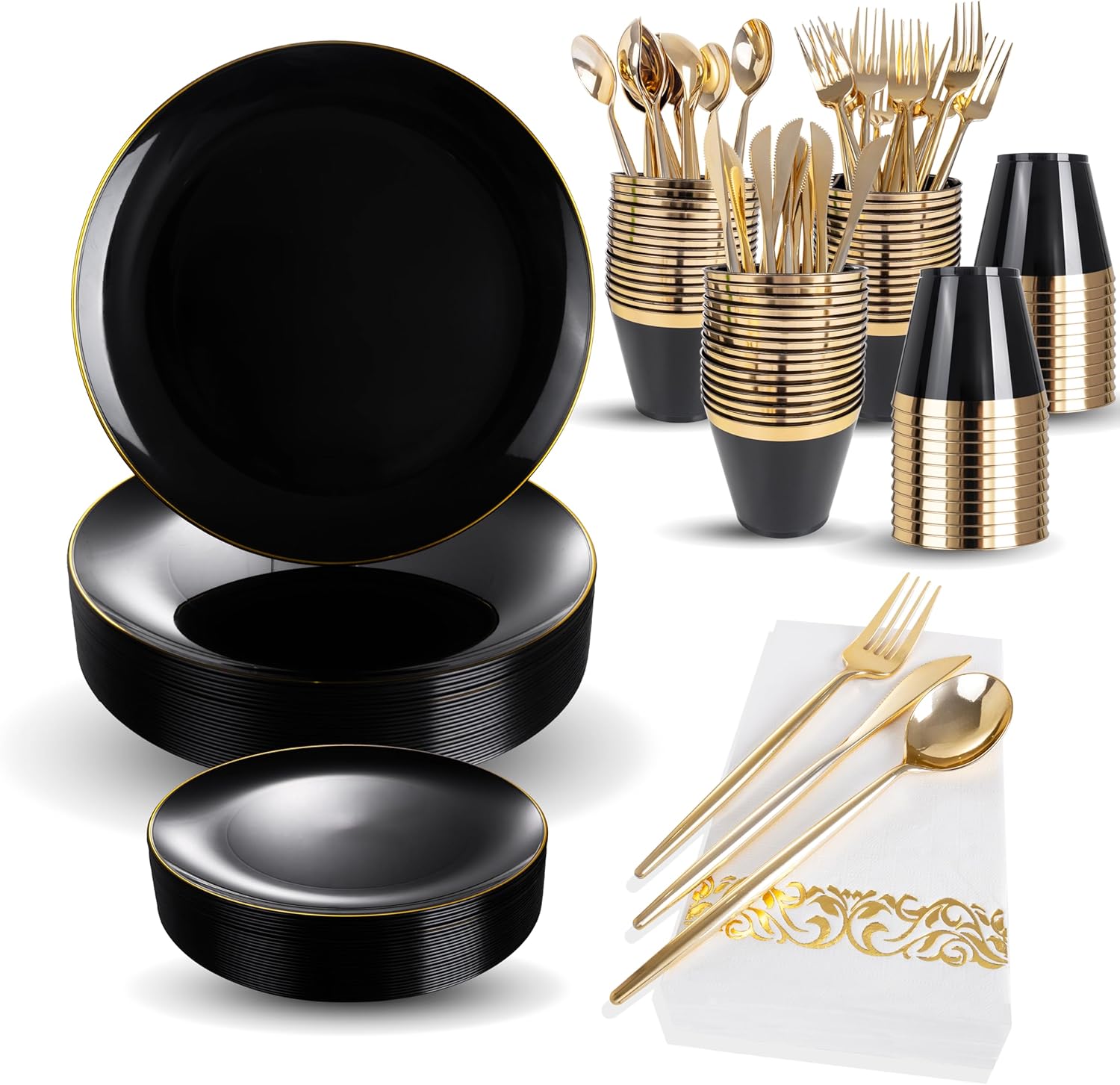 MirthMood 210Pcs Black and Gold Disposable Plates for Events