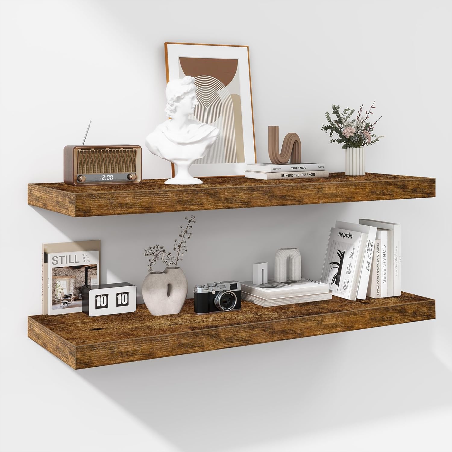 Rustic Wooden Floating Shelves - 12 Inch Wall Mounted Storage