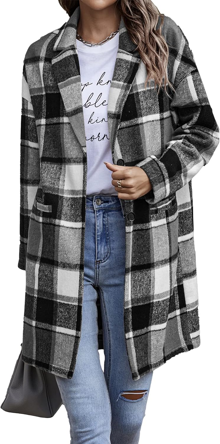 Chic Grey Plaid Wool Blend Shacket Jacket for Women 55ft60