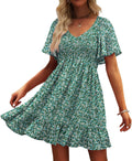 Womens Floral Smocked V Neck Flutter Sleeve Sundress - Pocketed