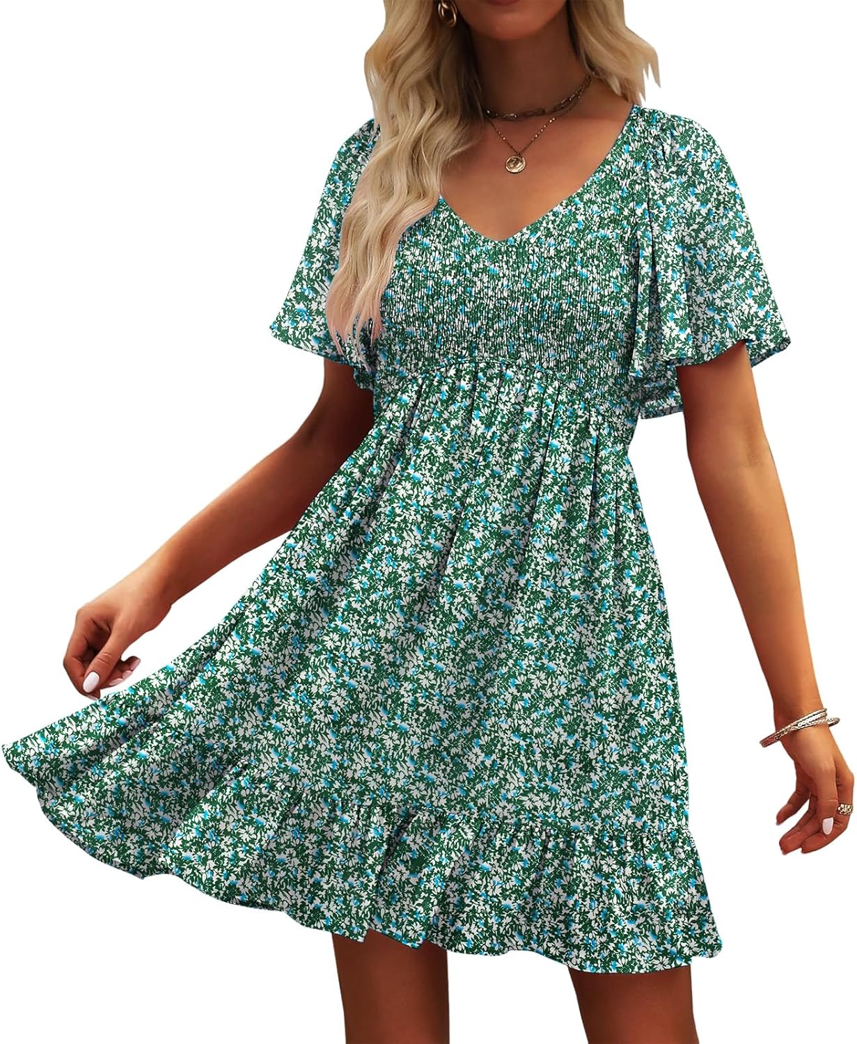 Womens Cute Floral Smocked V Neck Flutter Sleeve Sundress