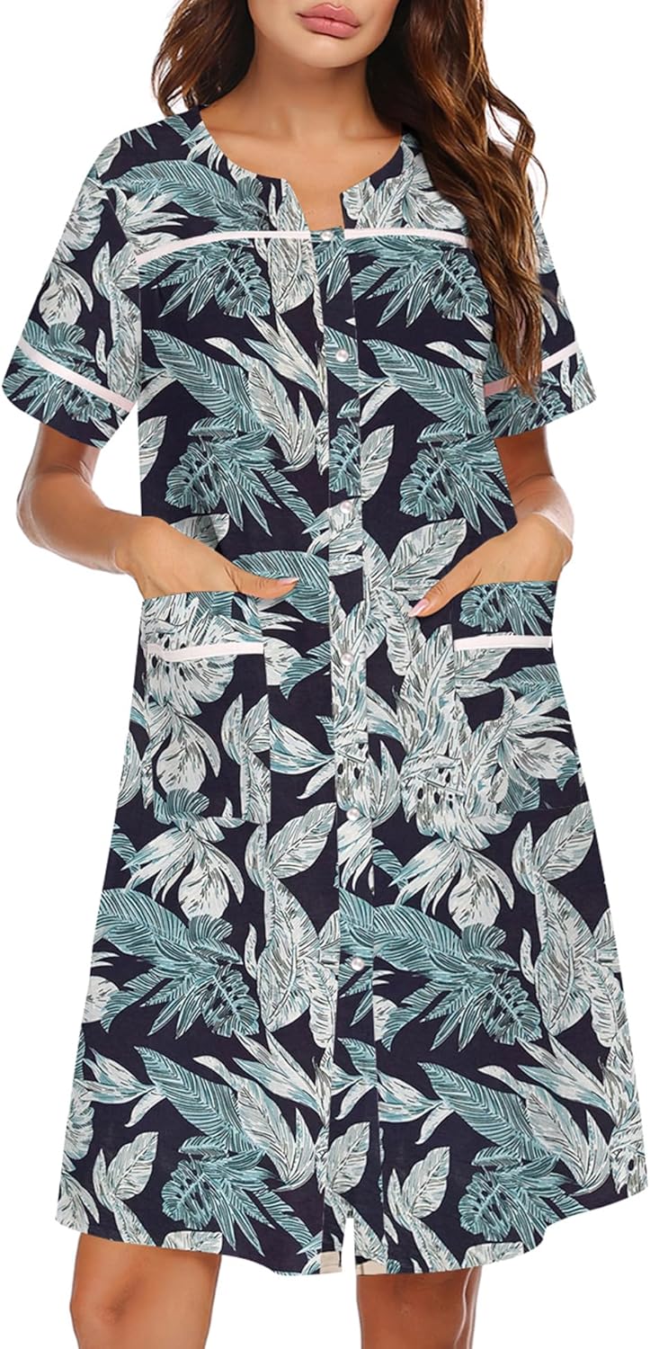 Ekouaer Sleepwear Cotton Duster Nightgown with Snap Front Design