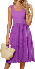Womens Embroidered Sleeveless Midi Dress with Pockets - Summer