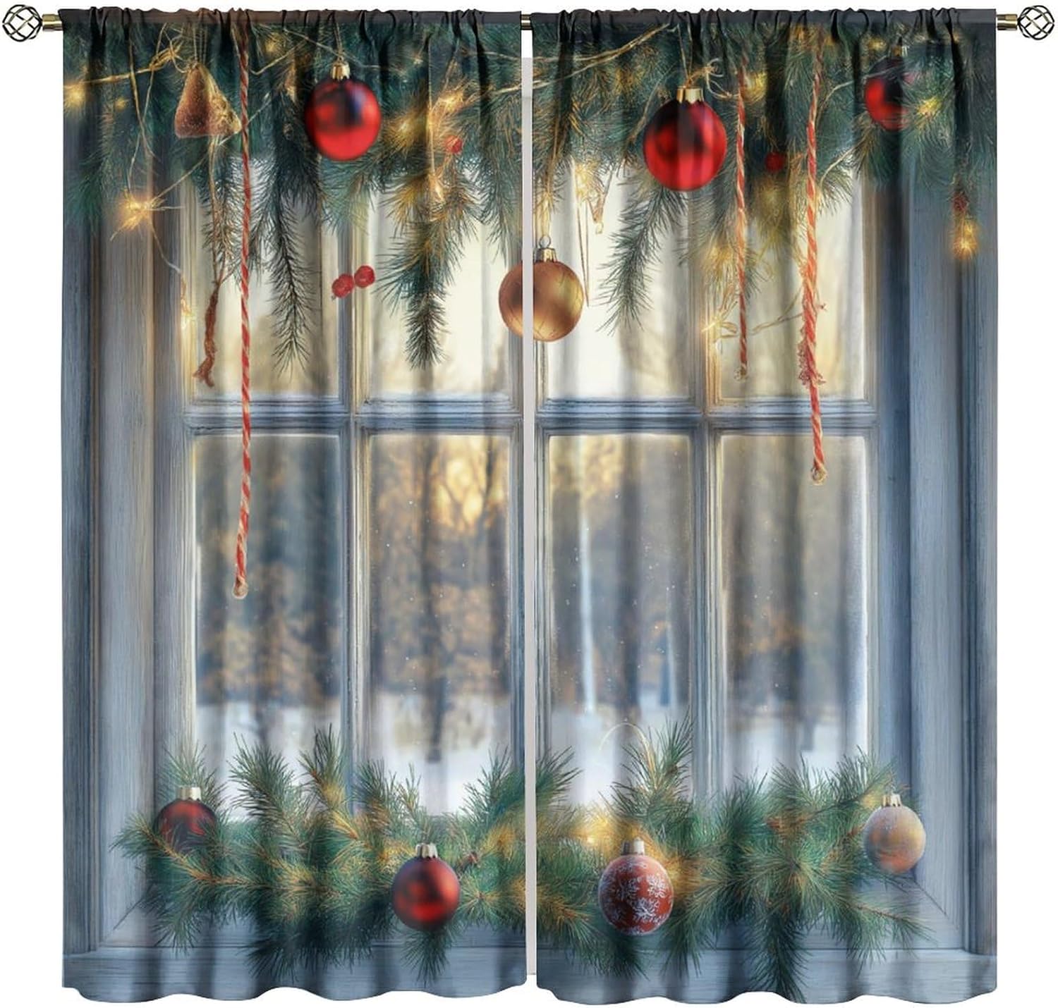 YungHo Christmas Window Curtains - Pine Garland & Warm Lights for Festive Ambiance!