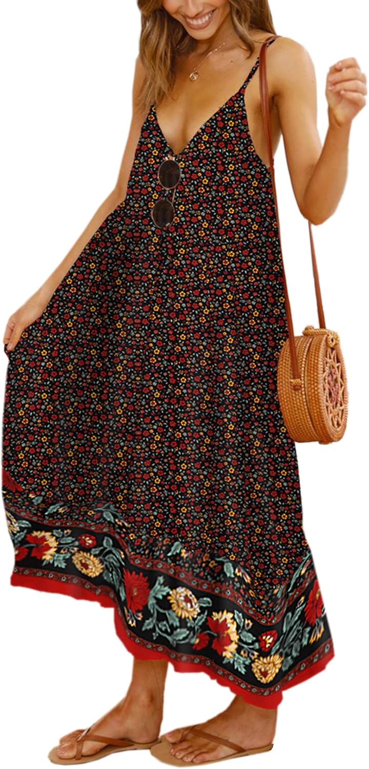 Floral Adjustable Spaghetti Strap V Neck Maxi Dress for Women