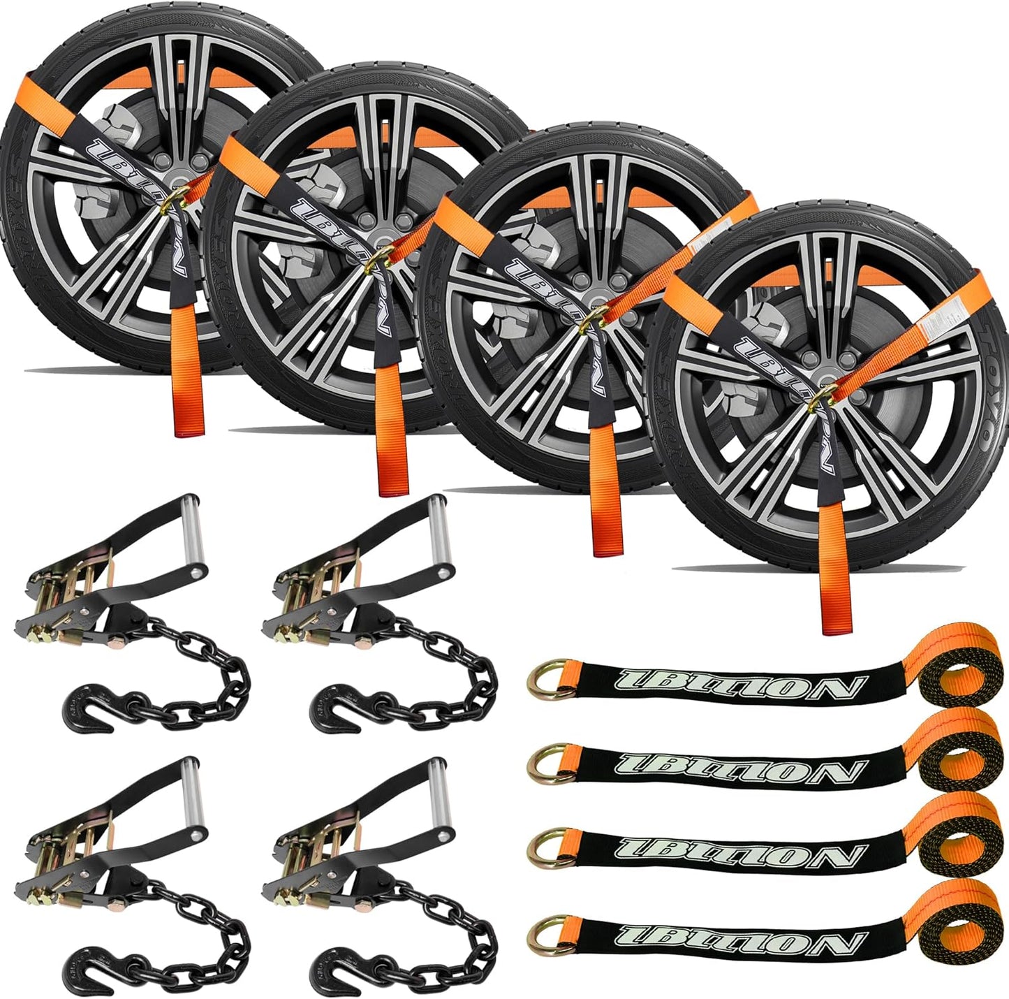 4 Pack Car Tie Down Straps with Heavy Duty Chain Anchors