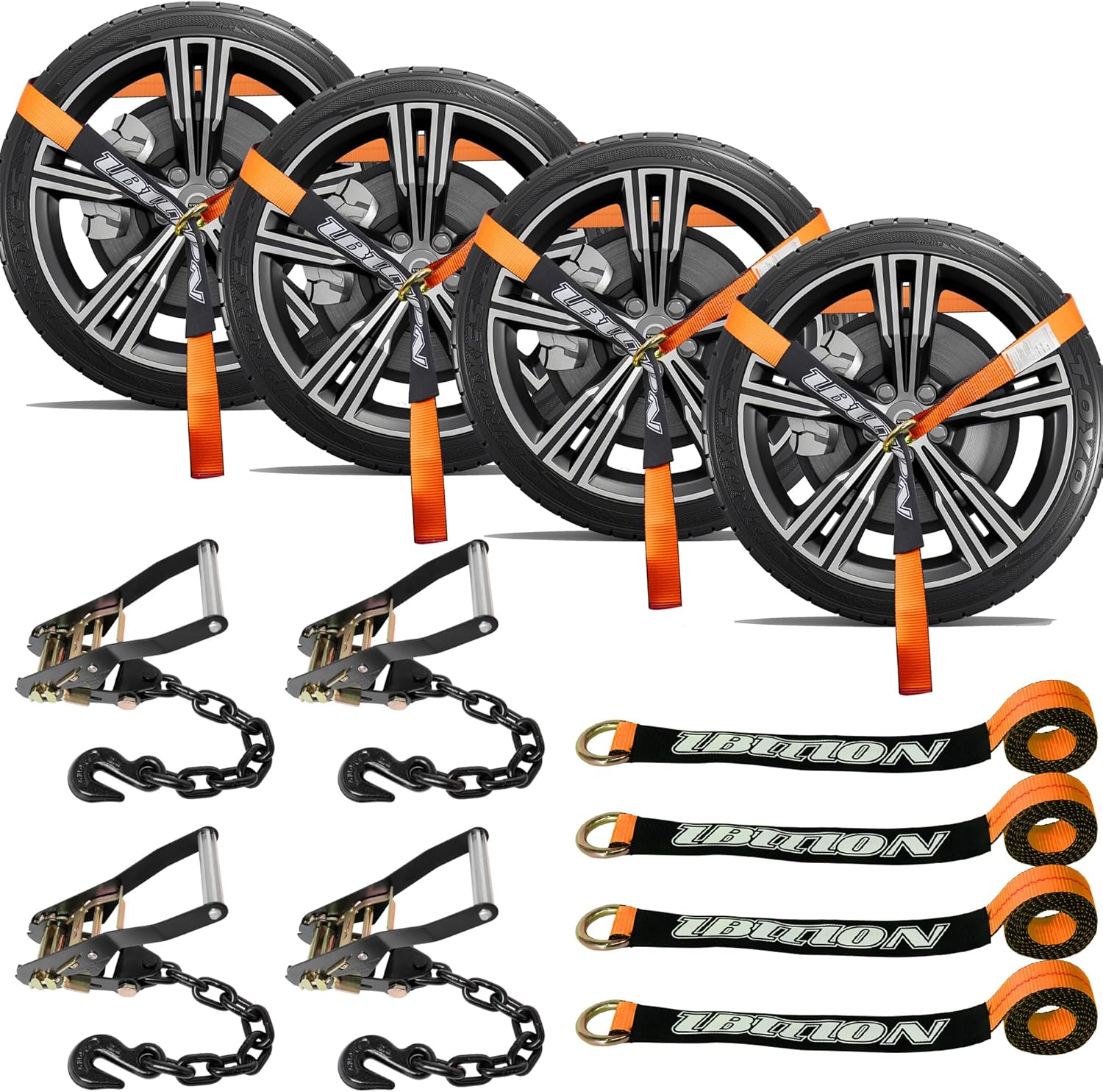4 Pack Car Tie Down Straps with Heavy Duty Chain Anchors