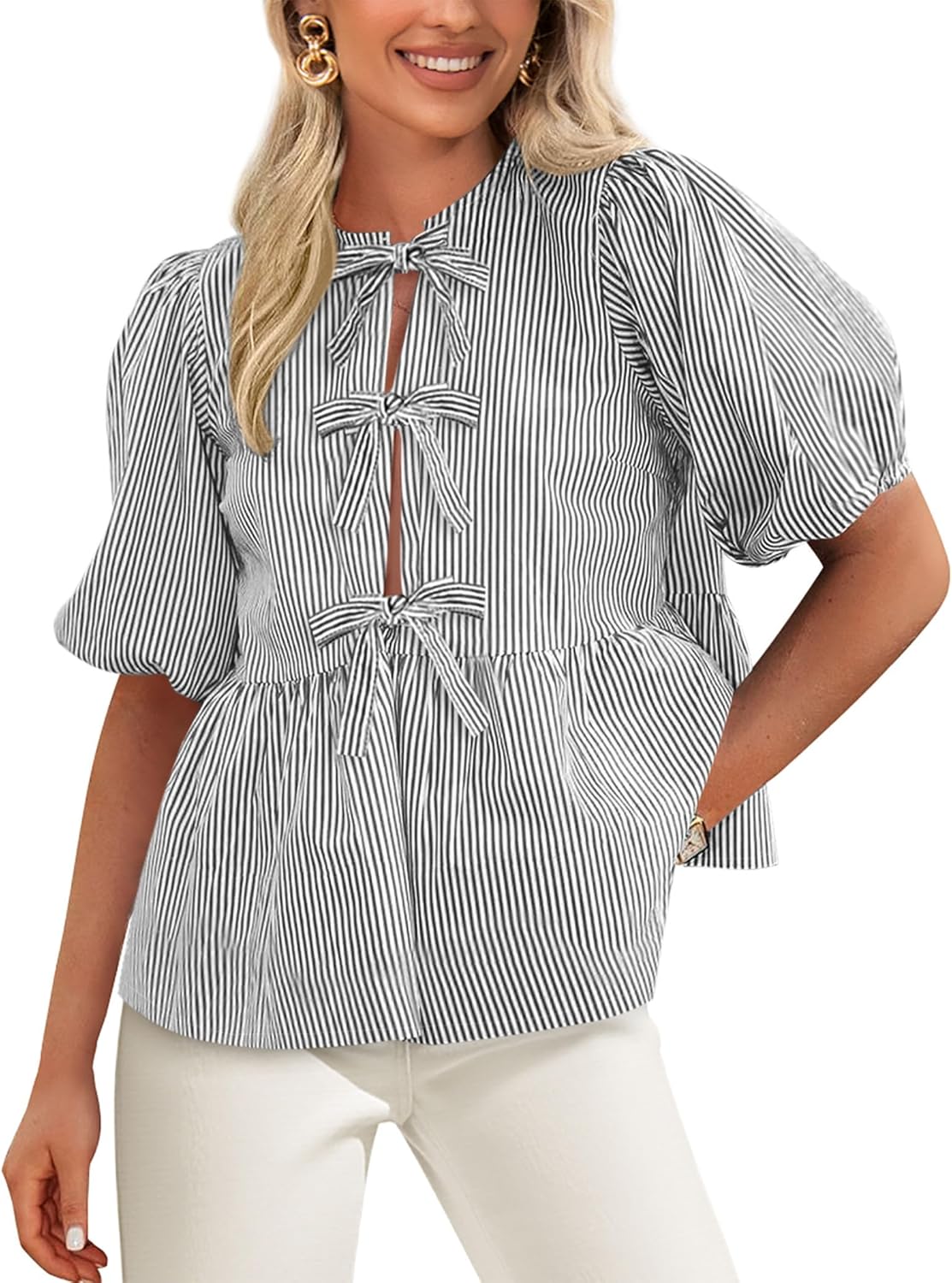 Trendy Women's Tie Front Striped Shirt for Summer Fashion