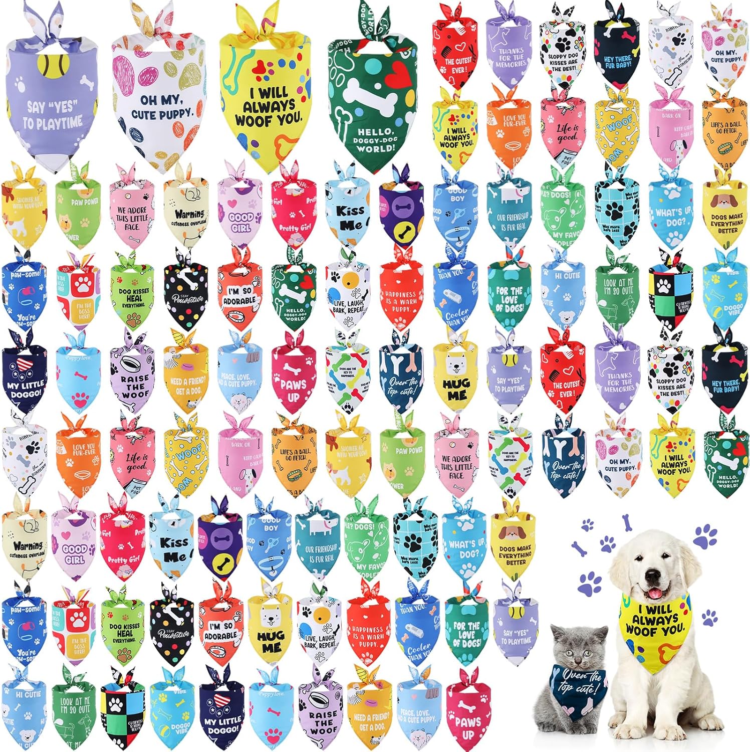 Plaid Dog Bandanas Set of 100 with Cute Captions for Pets